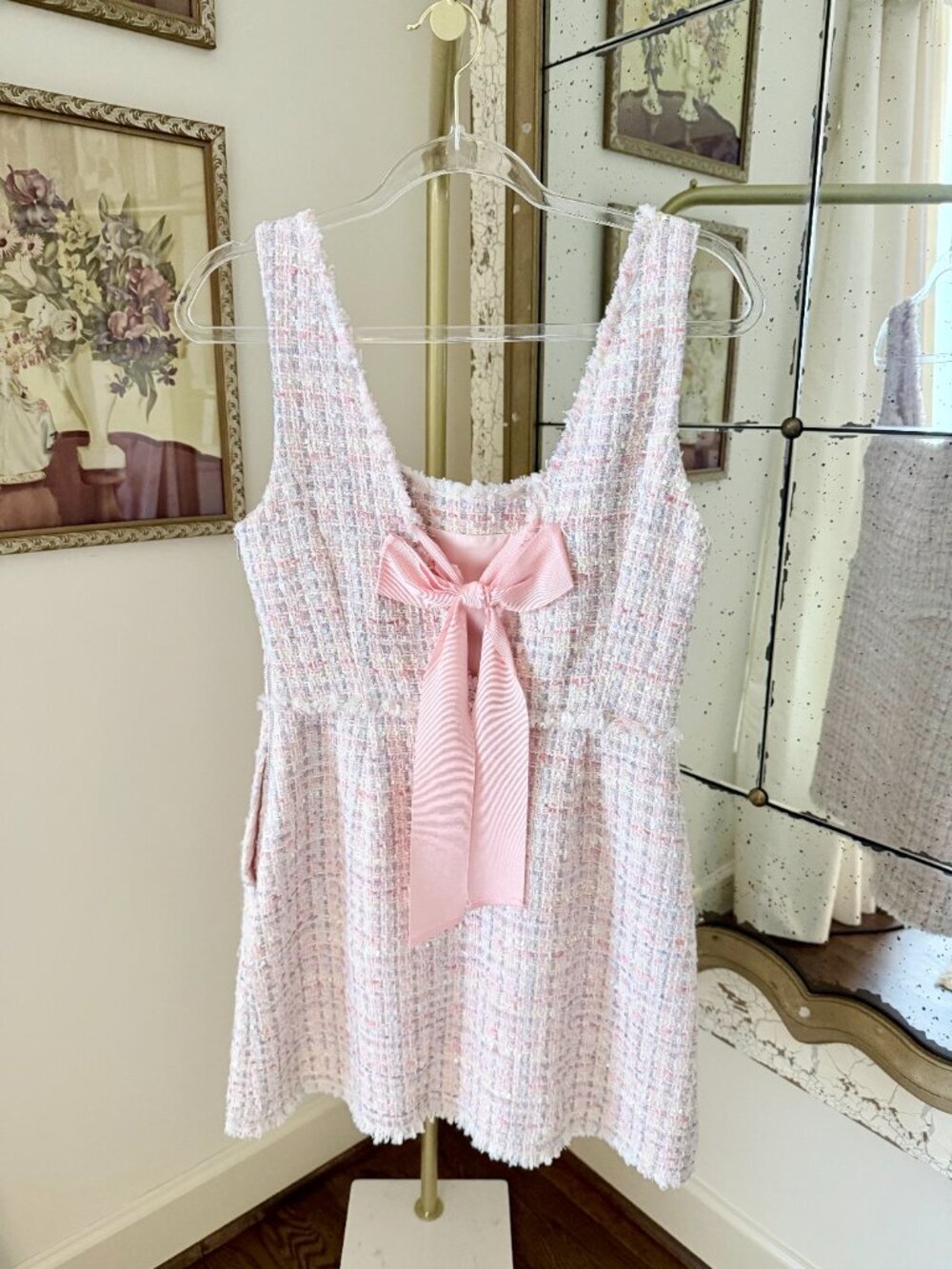 LoveShackFancy Moda Tweed Mini Dress with a Bow - Size 6 - Pink - Picture 7 of 16